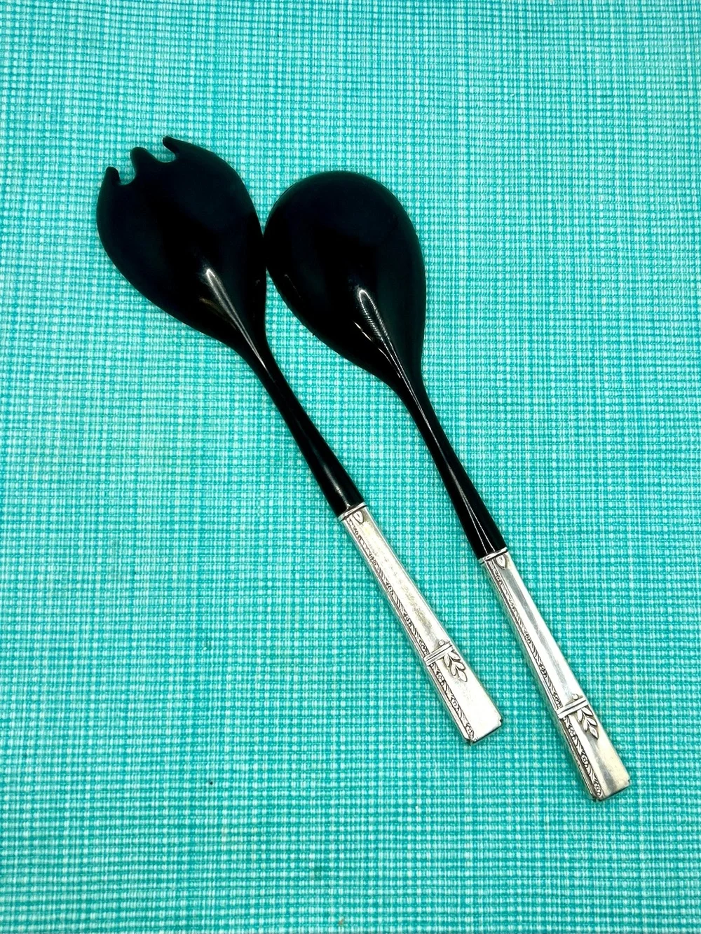 Oneida Grenoble Salad Serving Set Silverplate Handle Black Melamine Vintage 1938